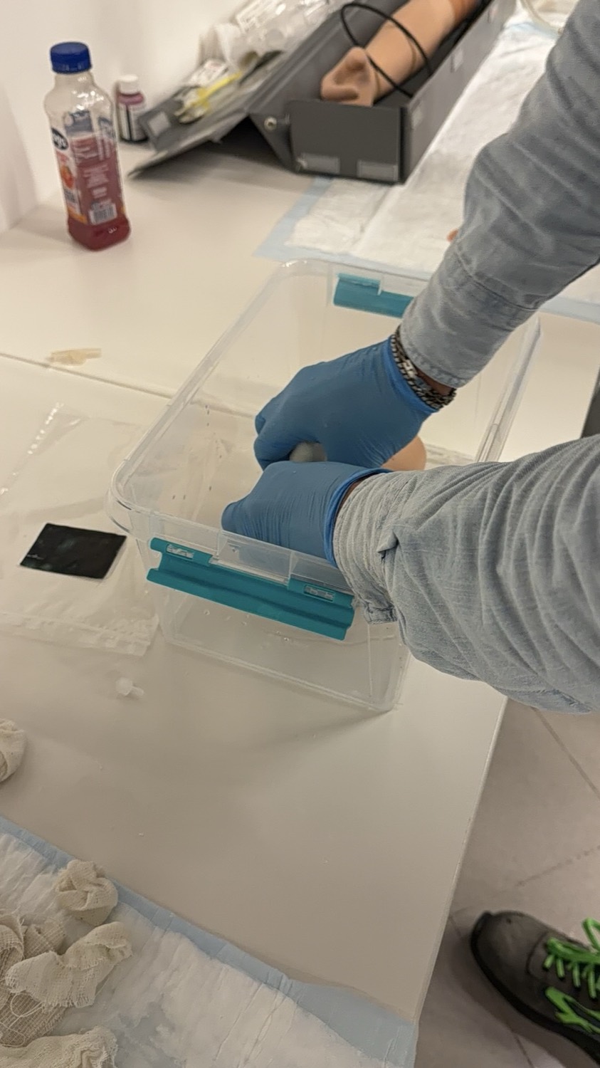 Allestimento dei simulatori e del sangue artificiale per un'esercitazione sul controllo delle emorragie in un corso Rinaldi Formazione